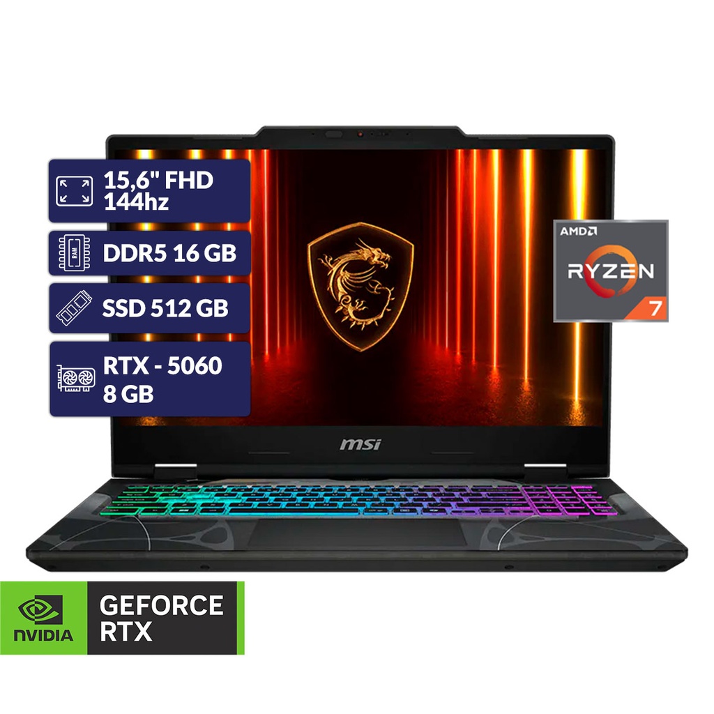 MSI CYBORG A15 AI B2HWFKG-236XCO/RYZ 7 260+16GB D5+NVMe 512GB+8GB RTX-5060+15,6" FHD 144Hz +MORRAL 2 AÃOS GTIA
