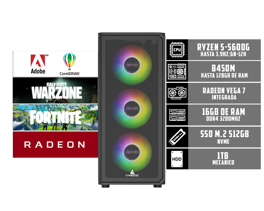 [ENS028] CPU GAMER ICEBERG R5-5600G 16GB RAM SSD M.2 Mvme 512gb 1tb HDD