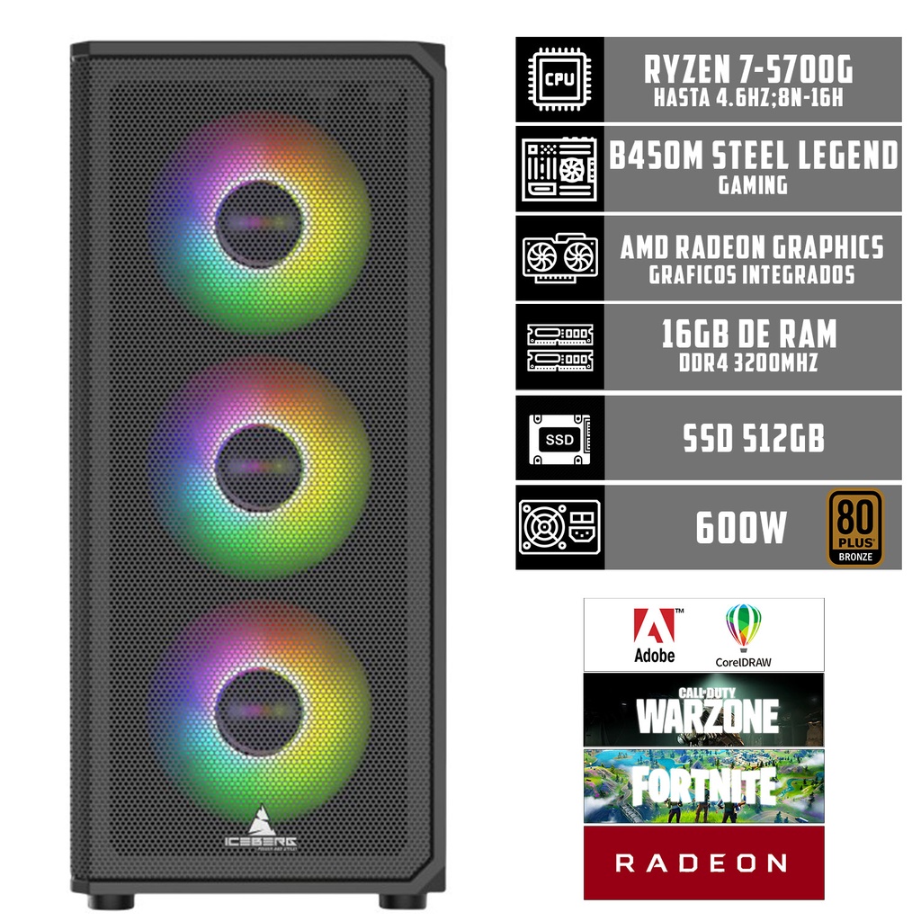 TORRE ICEBERG R7-5700G B450M STEEL SSD 512 600W 80 PLUS 16GB RAM