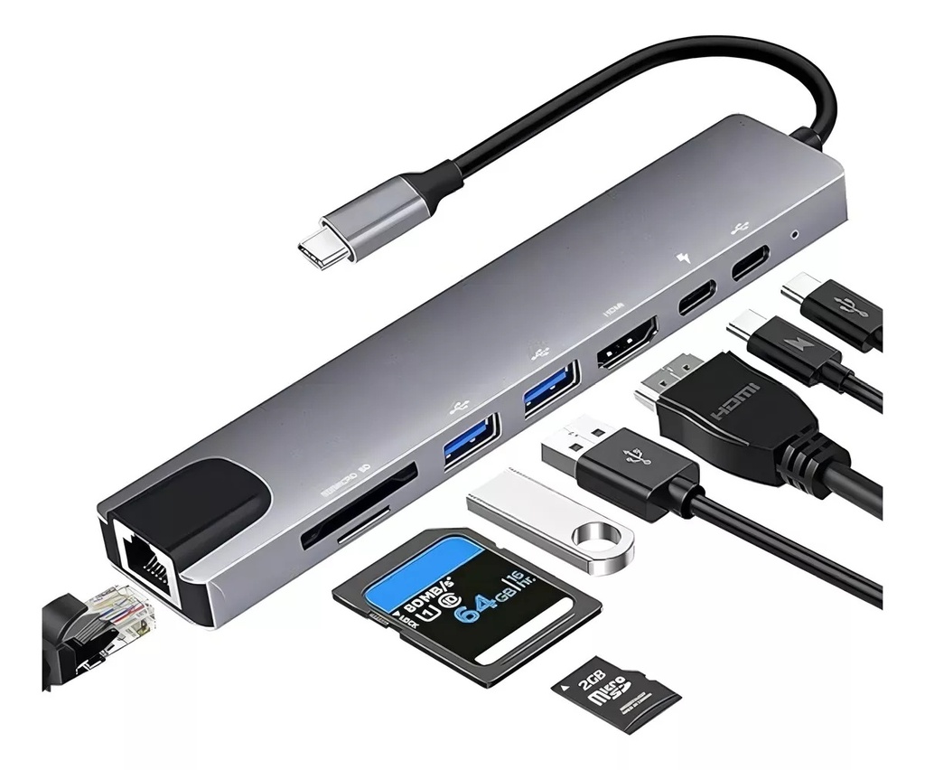 [HUB3] Hub Usb Tipo C 8 En 1 Lan Hdmi Usb 3.0 Sd Tf Laptop Celular Color Plateado