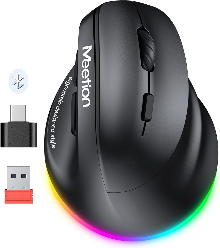 [K97411] MOUSE vertical inalámbrico con retroiluminación RGB recargable para Bluetooth (5.2 + 3.0) y USB-A con adaptador USB-C
