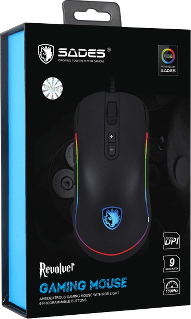 Mouse SADES REVOLVER, RGB con cable / 9 botones programables, 6 niveles ajustables DPI, sensor óptico ergonómico