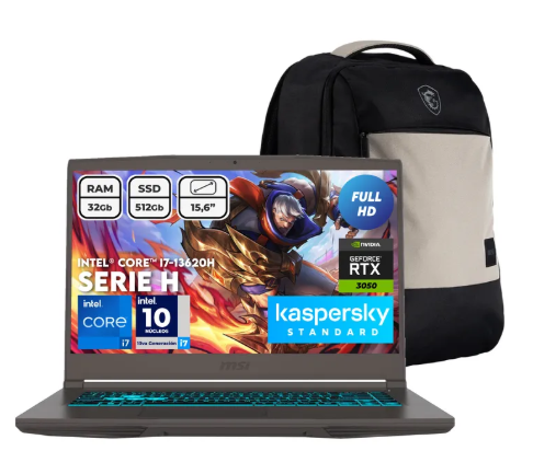 PORTATIL MSI INTEL CORE I7 13620H / RAM 24GB / SSD 512GB / RTX 3050 4GB DDR6 / 15 PULG FHD IPS 144HZ / LICENCIA KASPERSKY+MORRAL