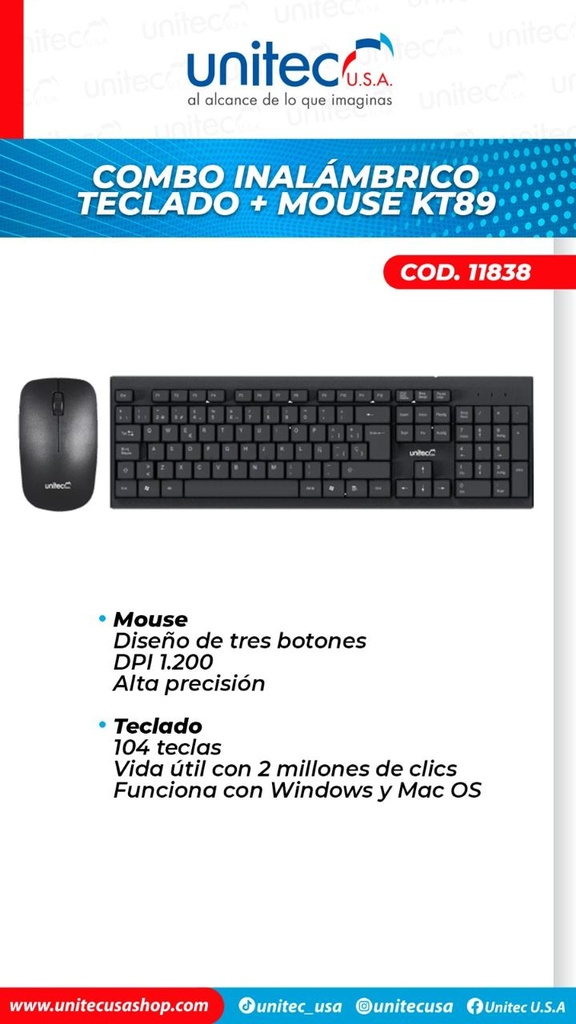 [UKT89] Combo Teclado y Mouse Inalámbrico Unitec KT89
