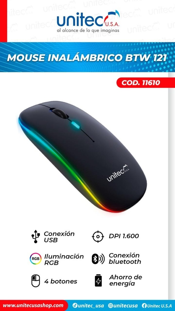 Mouse Inalambrico Recargable Unitec BTW 121 RGB