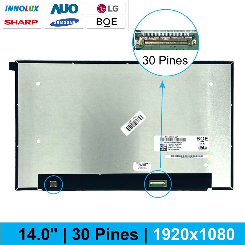 PANTALLA PORTATIL LED ULTRA SLIM 14.0 PUL 30 PINES NANO EDGE HD SIN CIRCUITO SIN SOPORTES MODELO: N140BGA-E54