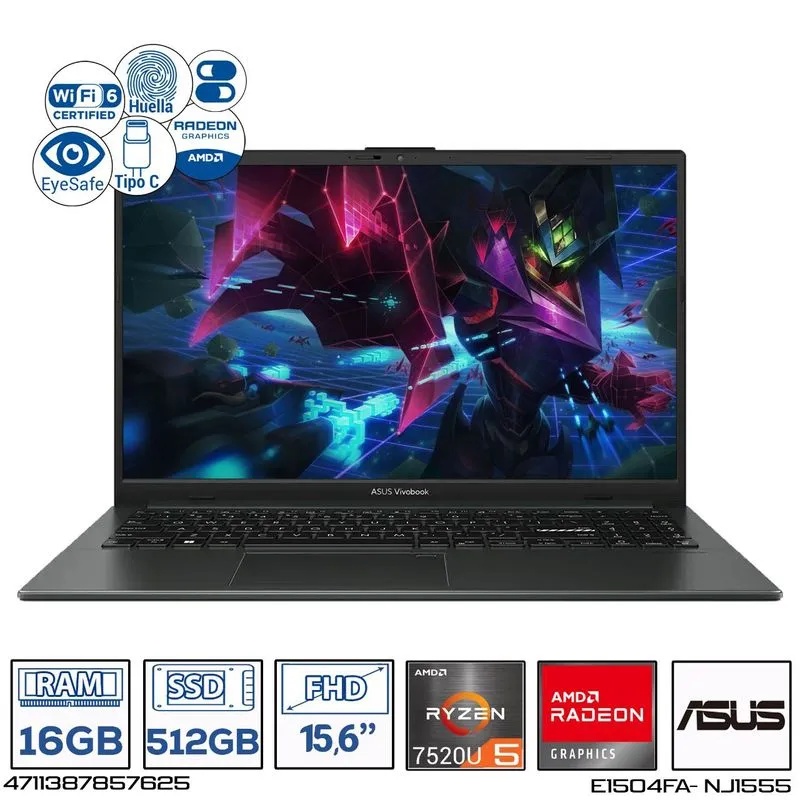 [B00385] PORTATIL ASUS E1504F AMD RYZEN 5 7520U,SOLIDO 512GB, DDR5 16GB,15.6" FHD